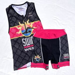Zoca Swim West Tri Set Womens Large Triathlon Jersey Tank Shorts Pink Black